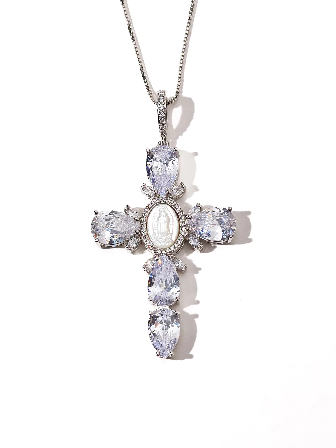 VIRGEN MARY DIAMOND CROSS NECKLACE