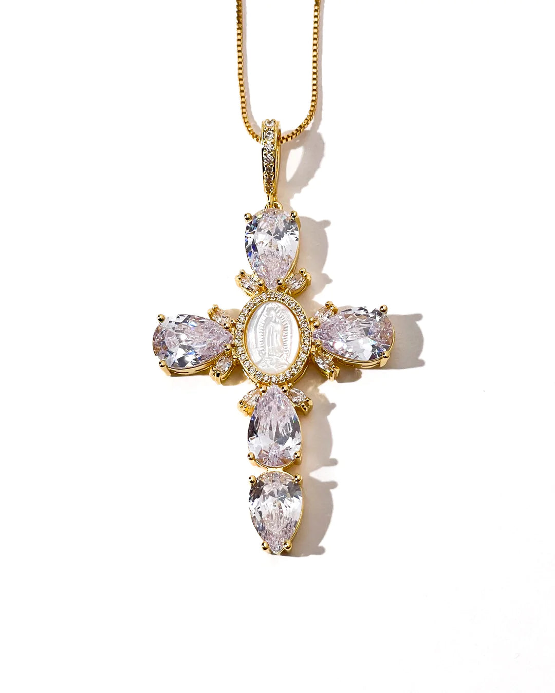 VIRGEN MARY DIAMOND CROSS NECKLACE