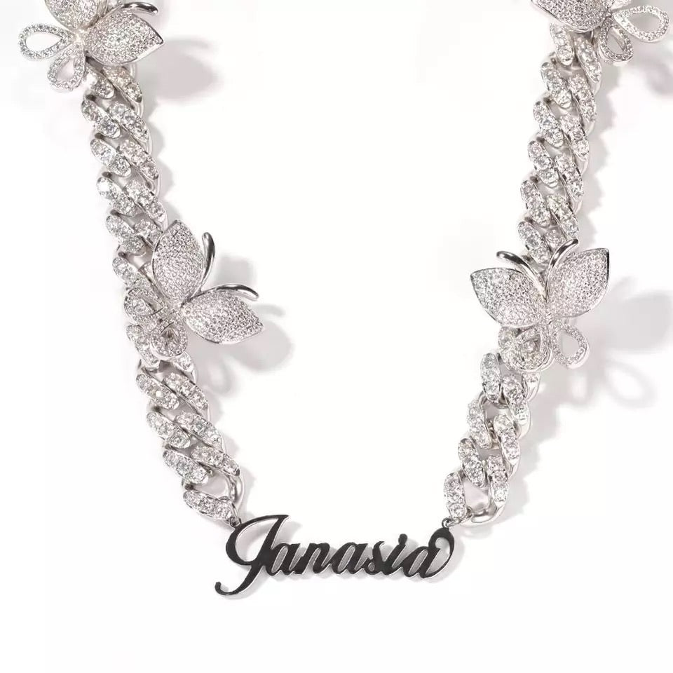 CUSTOM NAME BUTTERFLY CUBAN LINK NECKLACE