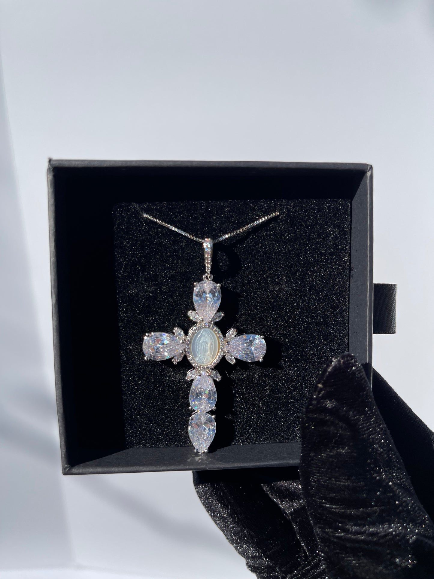 VIRGEN MARY DIAMOND CROSS NECKLACE